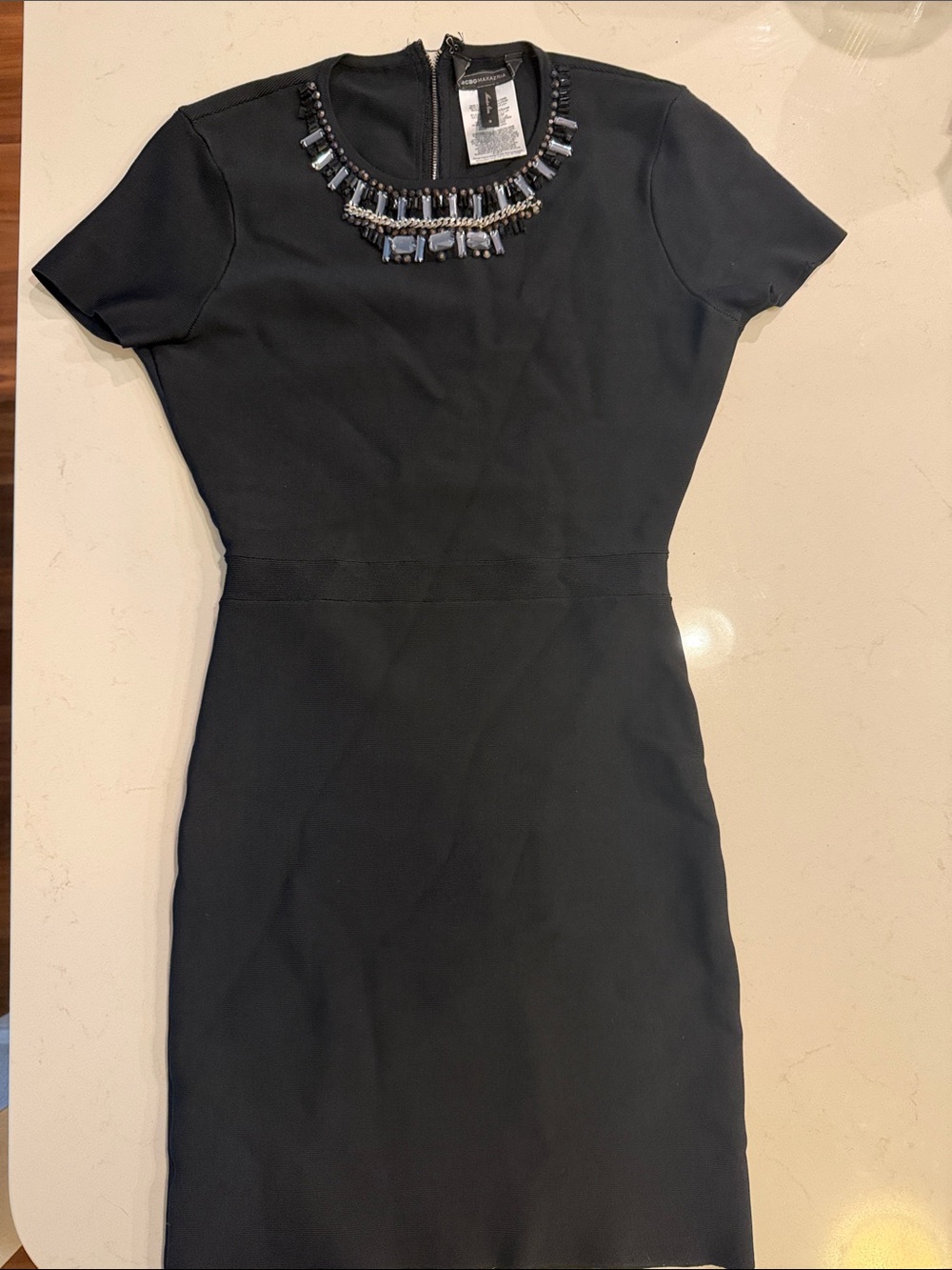 BCBGMaxAzria Black Short-Sleeve Sheath Dress with Beaded Neckline